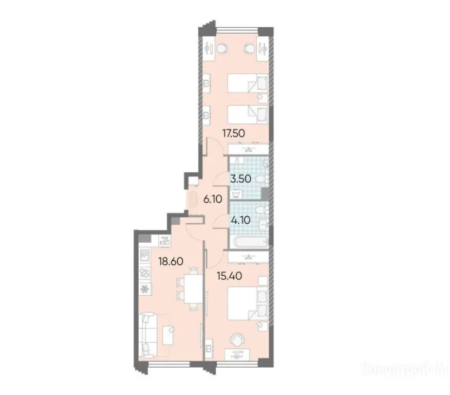 2-комн. квартира, 65.22 м2, 4 этаж - ЖК «Обручева 30»