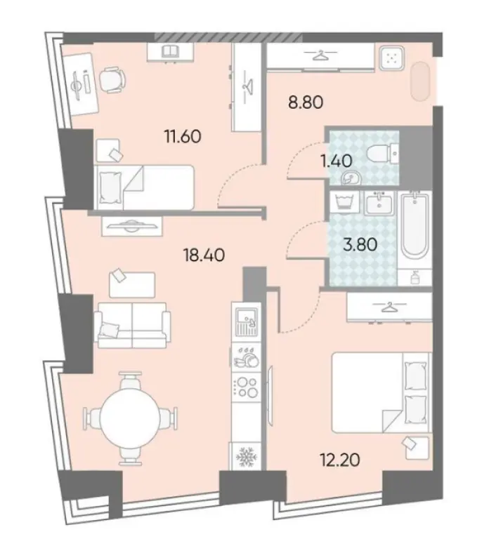 2-комн. квартира, 56.22 м2, 47 этаж - ЖК «Обручева 30»