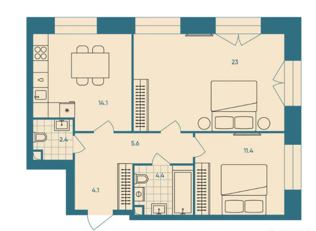2-комн. квартира, 65.00 м2, 6 этаж - ЖК ERA (ЭРА)
