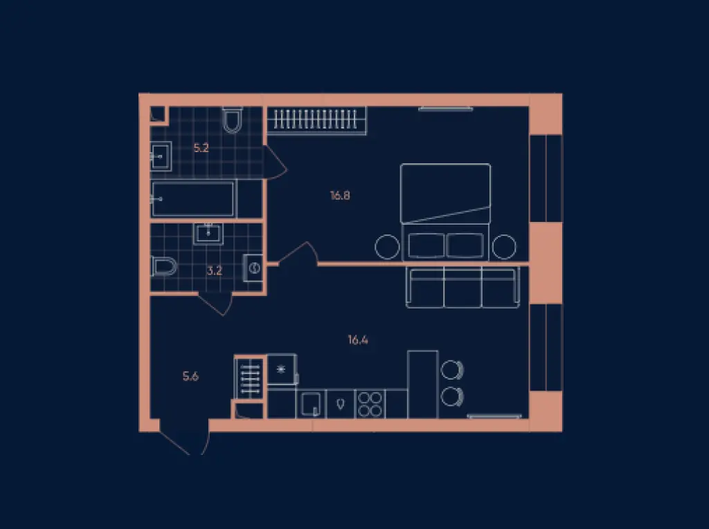 2-комн. евро квартира, 47.20 м2, 3 этаж - ЖК ERA (ЭРА)
