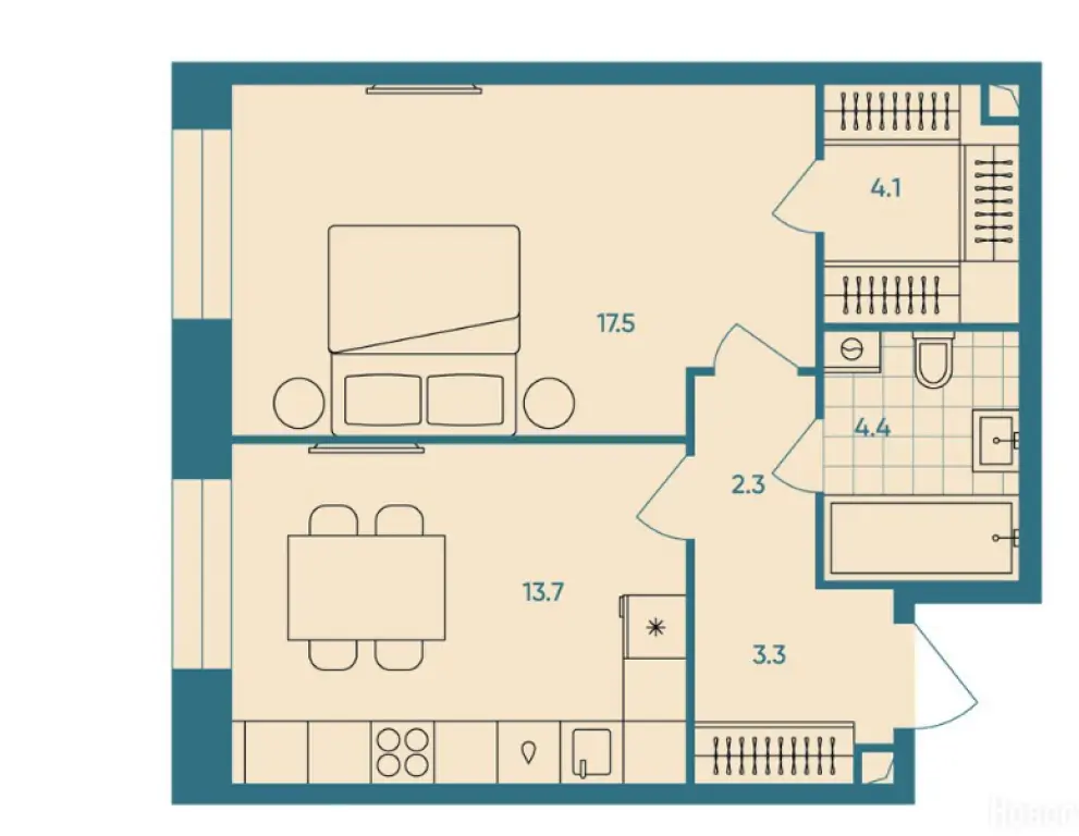 1 комнатная квартира 45.3 м2, 6 этаж