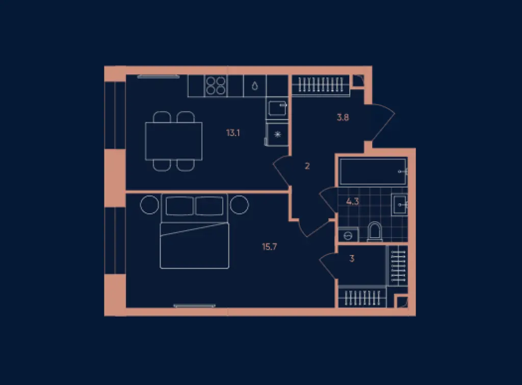 1-комн. квартира, 41.90 м2, 15 этаж