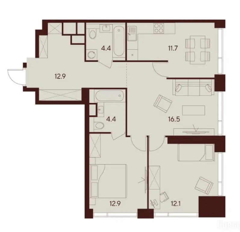 3-комн. квартира, 74.90 м2, 33 этаж - ЖК Indy Towers