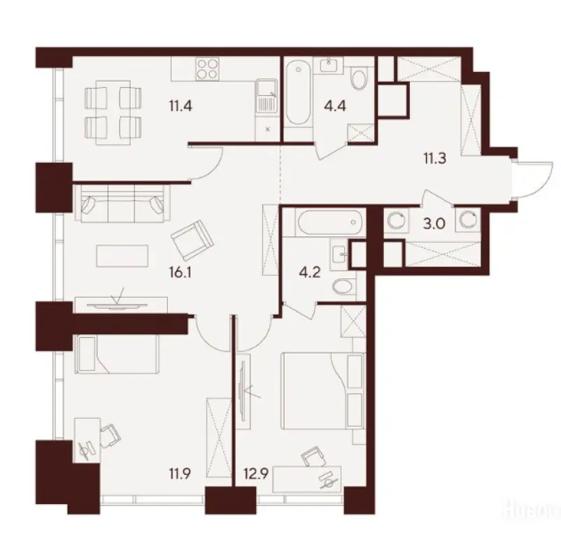 3-комн. квартира, 75.20 м2, 21 этаж - ЖК Indy Towers
