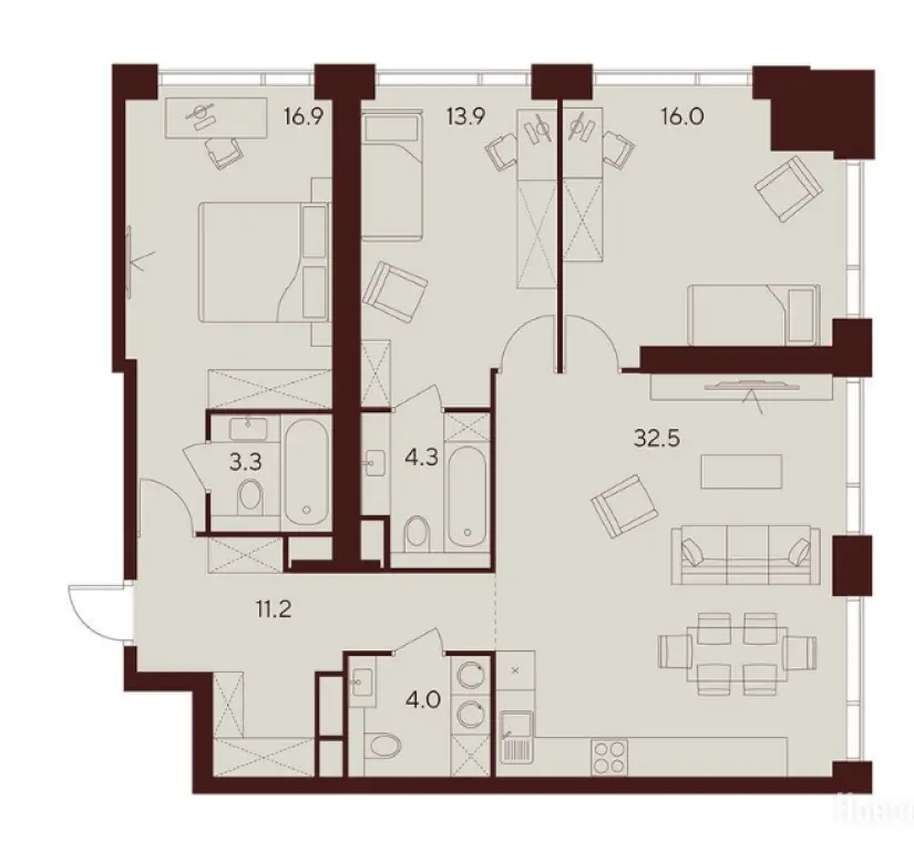 3-комн. квартира, 102.10 м2, 6 этаж - ЖК Indy Towers