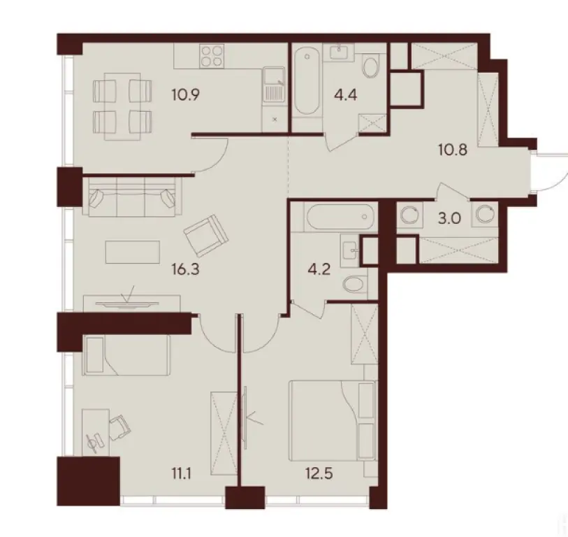3-комн. квартира, 73.20 м2, 22 этаж - ЖК Indy Towers