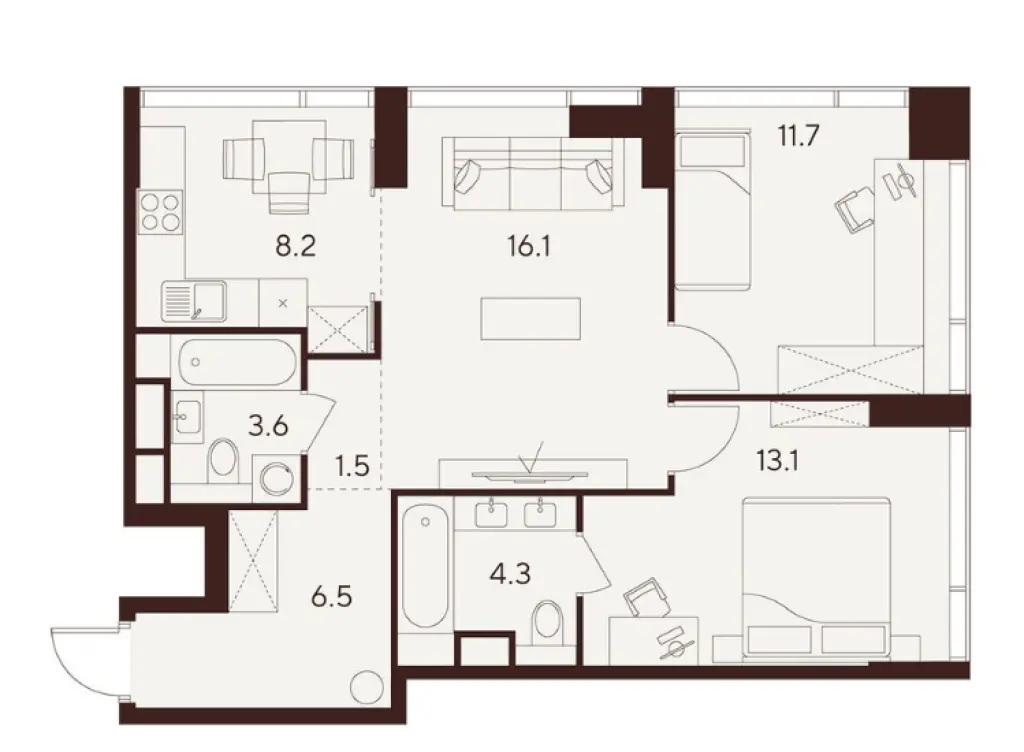 3-комн. квартира, 65.00 м2, 3 этаж - ЖК Indy Towers