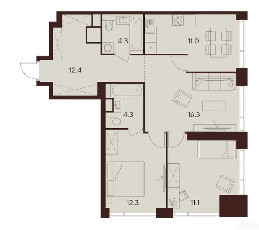 3-комн. квартира, 71.70 м2, 22 этаж - ЖК Indy Towers