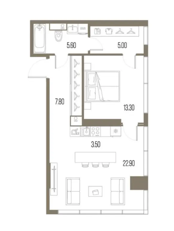 1-комн. квартира, 58.10 м2, 3 этаж