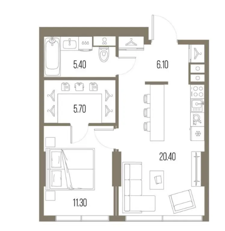 1-комн. квартира, 48.90 м2, 3 этаж