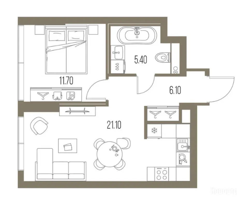 1-комн. квартира, 44.30 м2, 5 этаж - «Северный Порт»