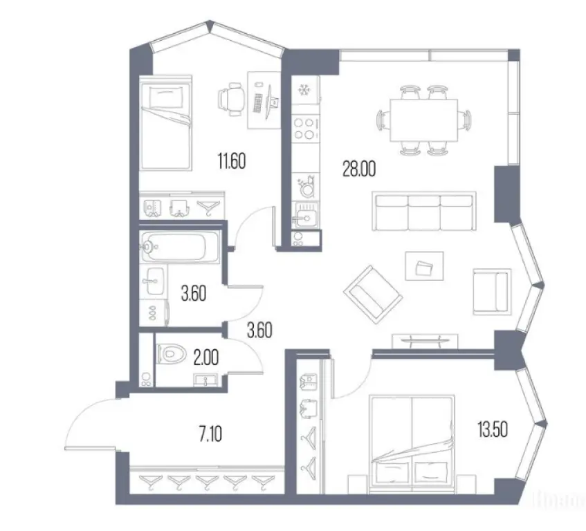 2-комн. квартира, 69.40 м2, 3 этаж - ЖК «Северный Порт»