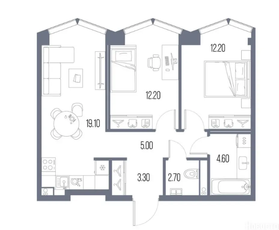 2-комн. квартира, 59.10 м2, 14 этаж