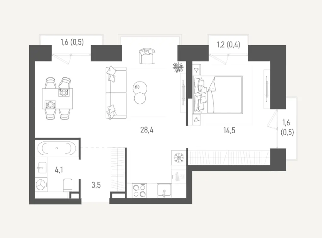 Просторная евродвушка 51,9 м² с окнами на две стороны. 15 этаж, вид на город. Корпус 1. Без отделки.