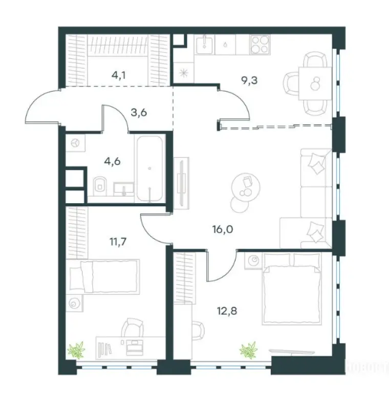 3-комн. квартира, 62.10 м2, 3 этаж - Левел Южнопортовая