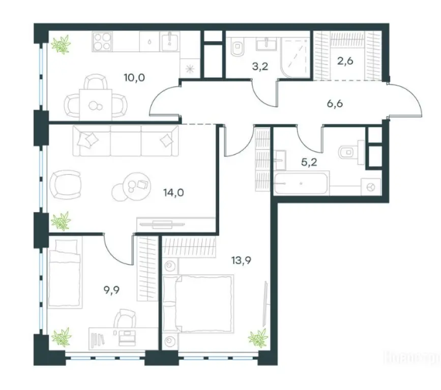 3-комн. квартира, 65.40 м2, 5 этаж - Левел Южнопортовая