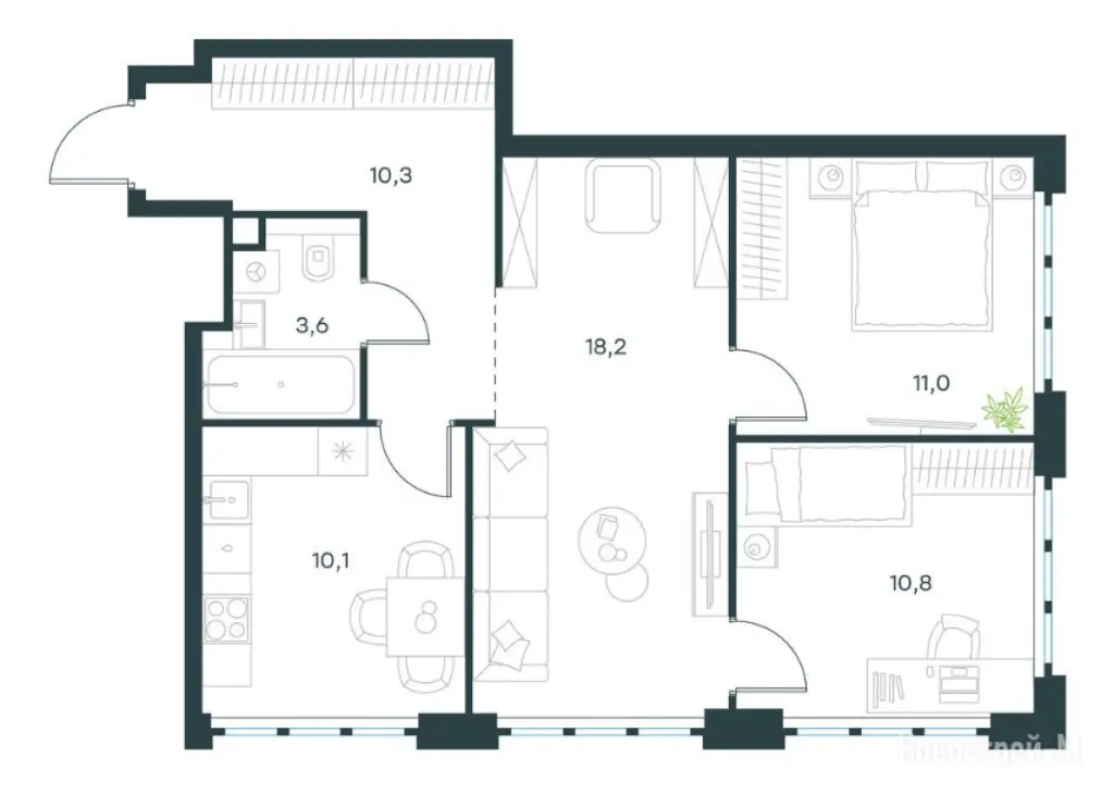3-комн. квартира, 64.00 м2, 14 этаж - Левел Южнопортовая