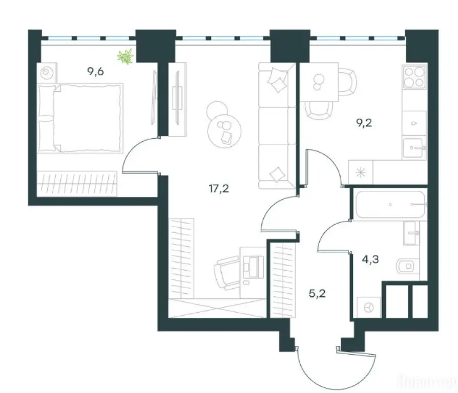 2-комн. квартира, 45.50 м2, 6 этаж - Левел Южнопортовая