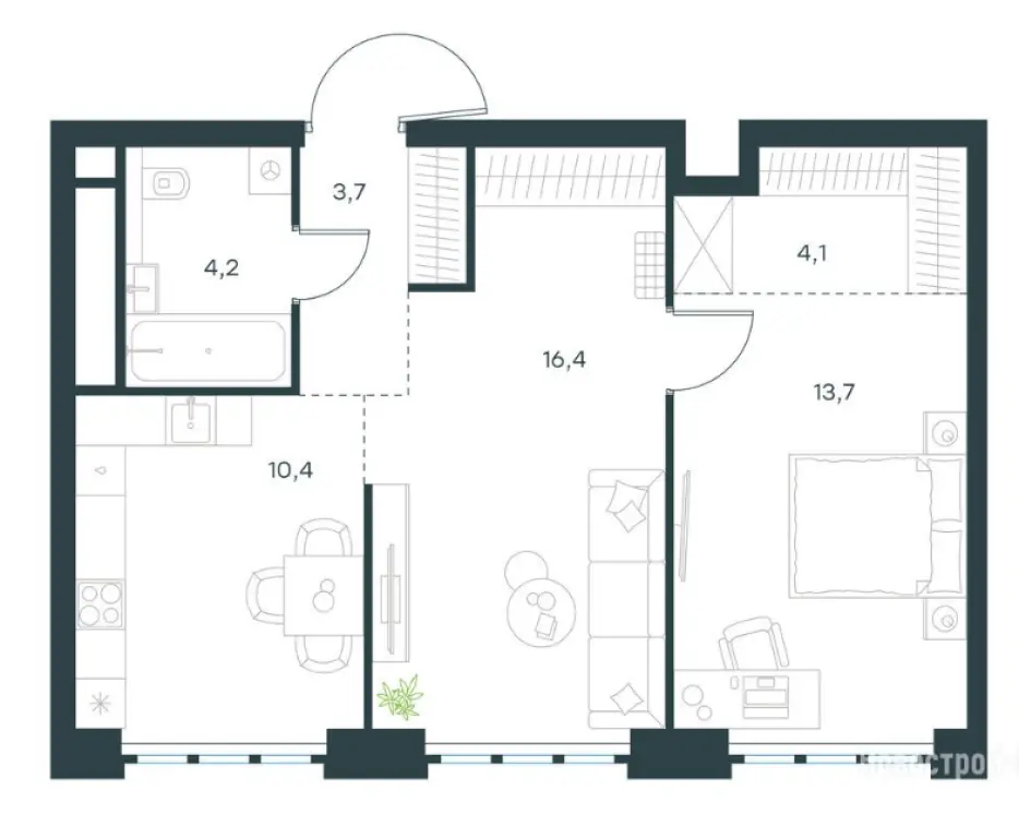 2-комн. квартира, 52.50 м2, 16 этаж - Левел Южнопортовая