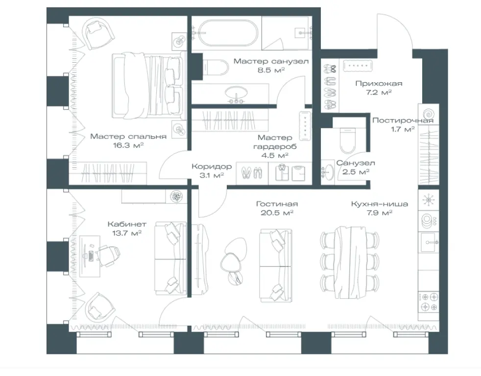 2-комн. квартира, 85.80 м2, 6 этаж - ЖКOPUS (Опус)