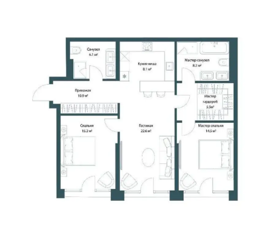 2-комн. квартира, 91.10 м2, 3 этаж - Клубный дом OPUS (Опус)