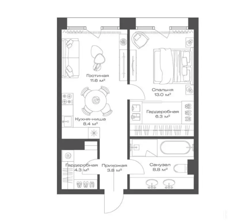 1-комн. квартира, 56.20 м2, 3 этаж - Клубный дом OPUS (Опус)