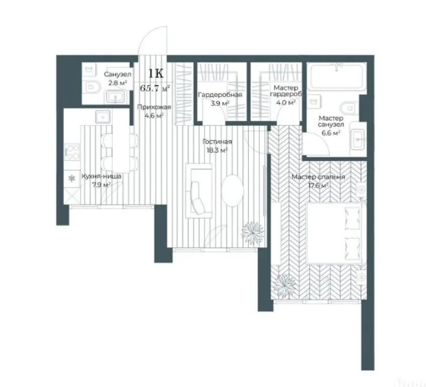 1-комн. квартира, 65.80 м2, 4 этаж - Клубный дом OPUS (Опус)