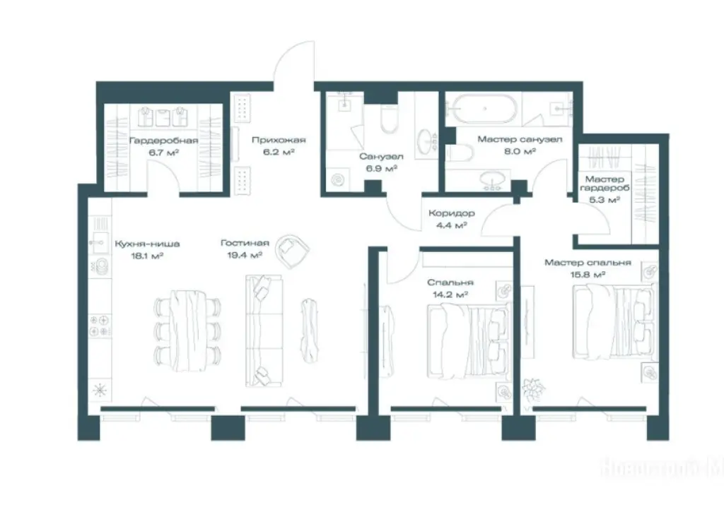 2-комн. квартира, 105.00 м2, 4 этаж - ЖК OPUS (Опус)