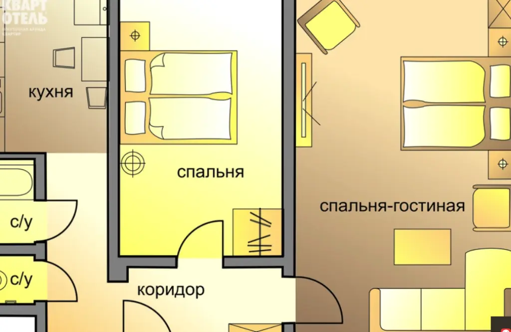 Квартира 49 м², 2 комнаты, 2 кровати