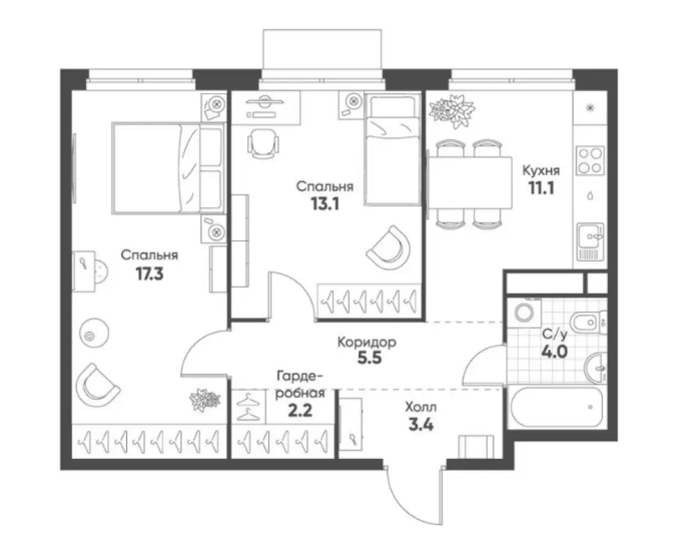 2-комн. квартира, 56.60 м2, 3 этаж - Жилой квартал Shagal (Шагал)