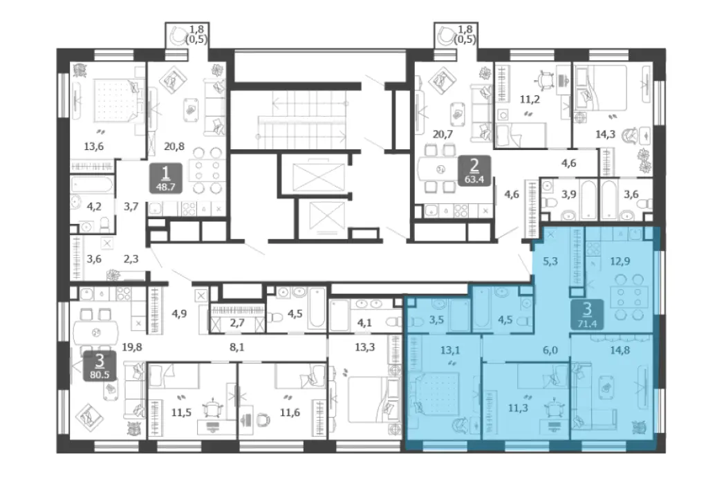 3-комн. квартира, 71.40 м2, 19 этаж - Жилой квартал Shagal (Шагал)