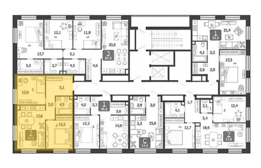2-комн. квартира, 57.30 м2, 14 этаж - Жилой квартал Shagal (Шагал)