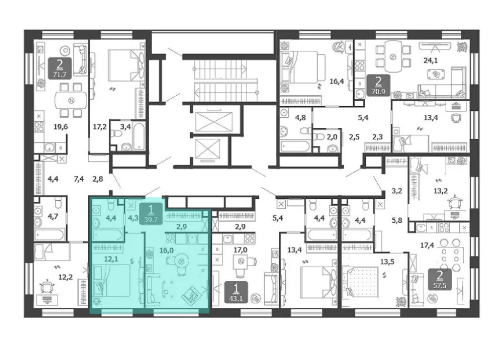 1-комн. квартира, 39.70 м2, 15 этаж - Жилой квартал Shagal (Шагал)