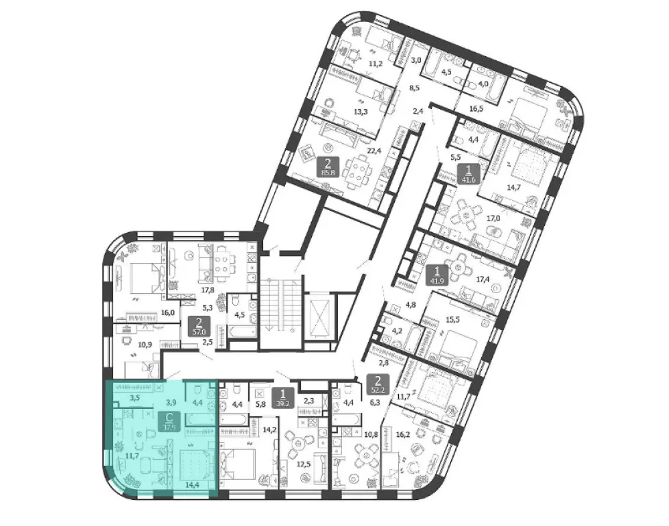 1-комн. квартира, 37.90 м2, 2 этаж - Жилой квартал Shagal (Шагал)