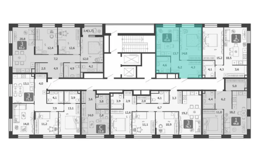 1-комн. квартира, 43.60 м2, 10 этаж - Жилой квартал Shagal (Шагал)