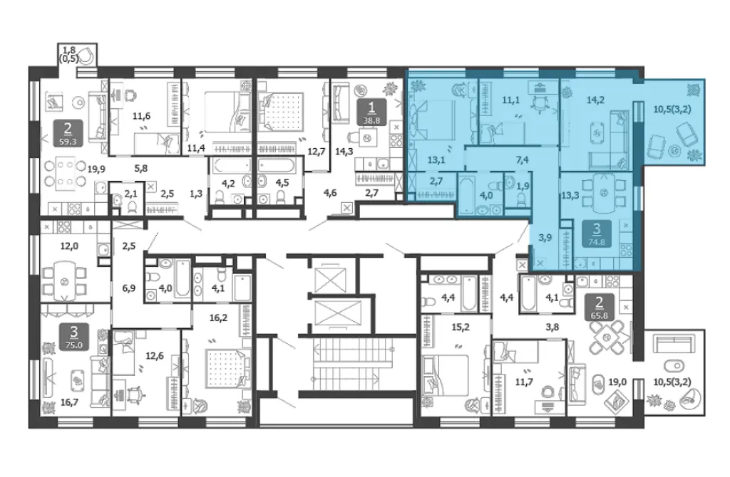 3-комн. квартира, 74.80 м2, 11 этаж - Жилой квартал Shagal (Шагал)