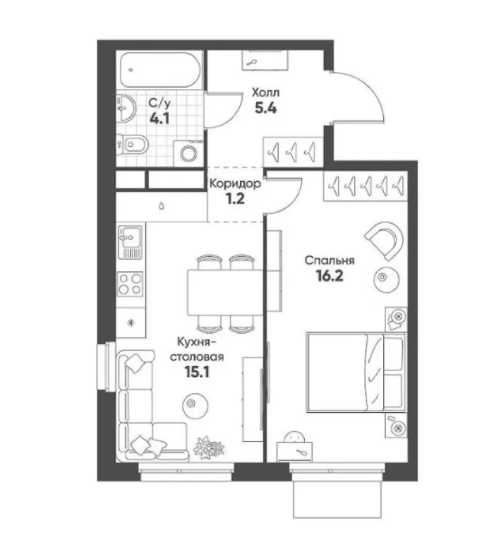 1-комн. квартира, 42.00 м2, 2 этаж - ЖК Shagal (Шагал)