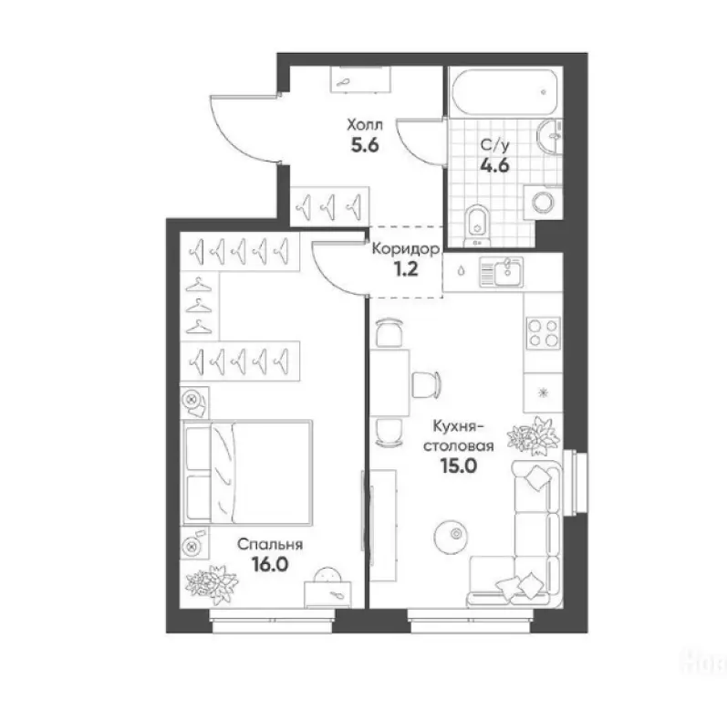 1-комн. квартира, 42.40 м2, 2 этаж - Жилой квартал Shagal (Шагал)