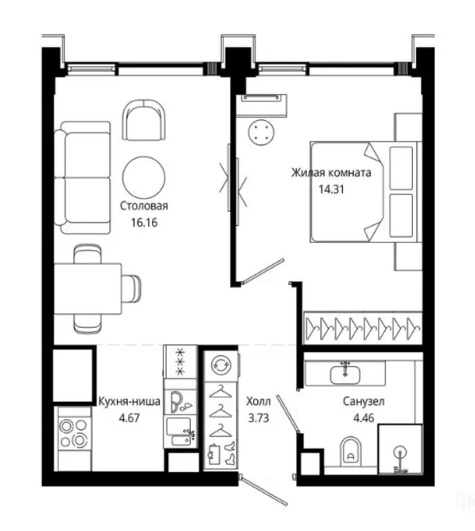 1-комн. квартира, 43.80 м2, 49 этаж - ЖК «Мод»