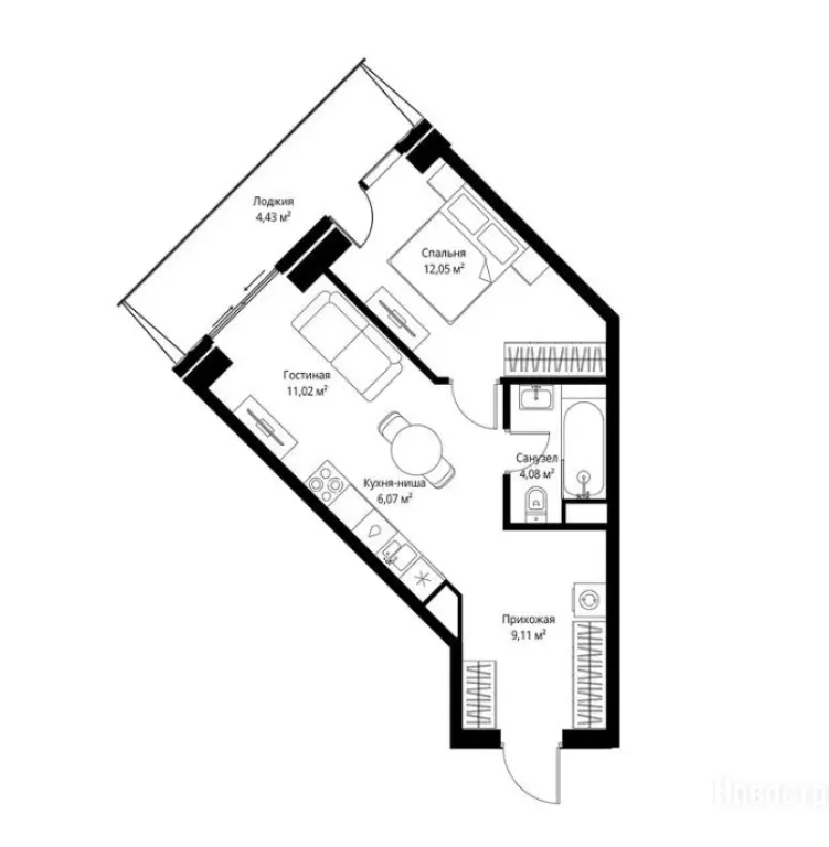1-комн. квартира, 46.76 м2, 3 этаж - ЖК Джойс
