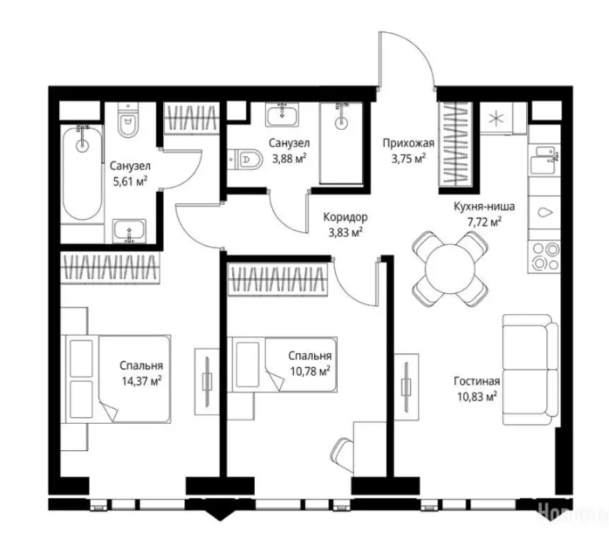 2-комн. квартира, 60.77 м2, 19 этаж