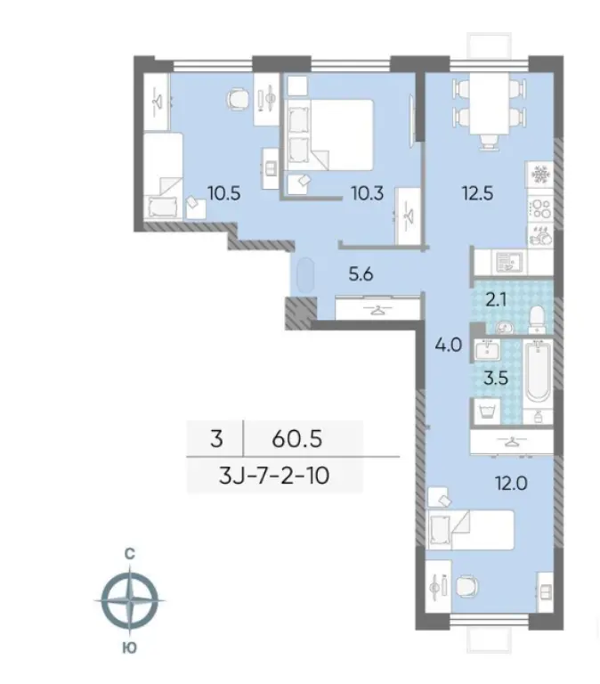 3-комн. квартира, 60.52 м2, 13 этаж - ЖК «Лучи»