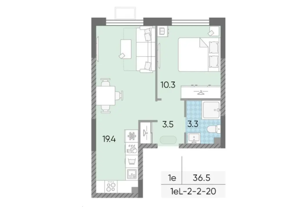1-комн. квартира, 36.62 м2, 2 этаж - ЖК «Лучи»