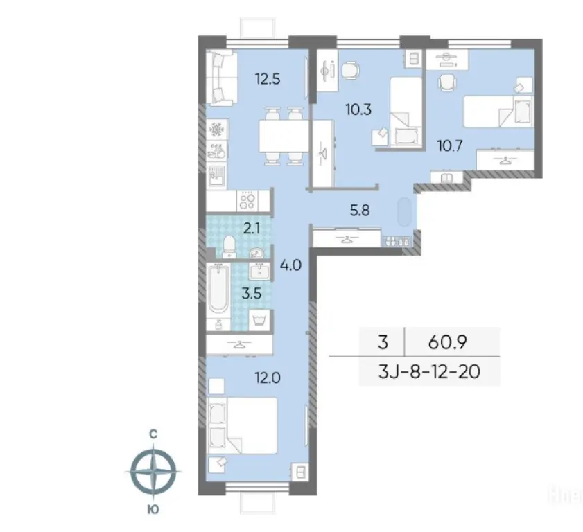 3-комн. квартира, 61.02 м2, 16 этаж - ЖК «Лучи»