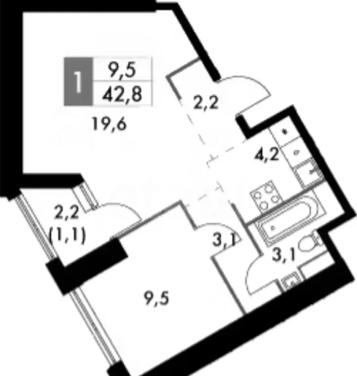 1-комн. квартира в «Архитектор», 42.8м², 21/46 этаж