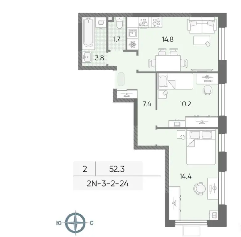 2-комн. квартира, 52.32 м2, 14 этаж - ЖК «Лучи»