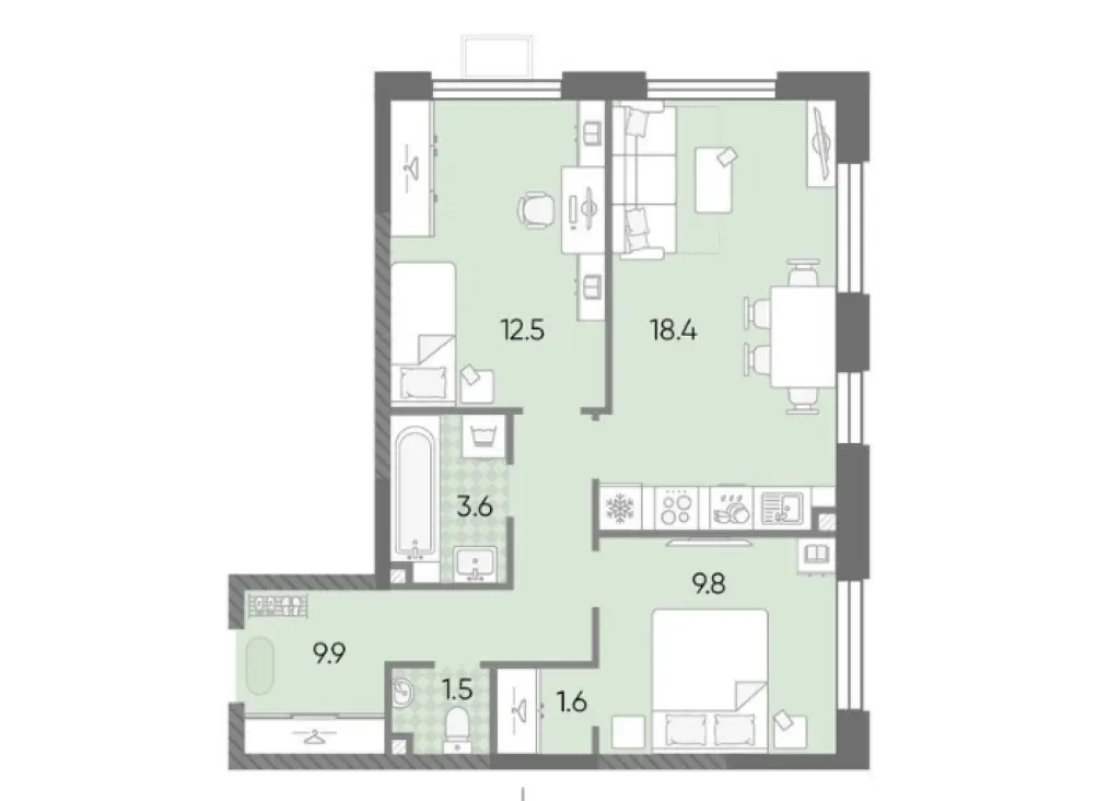 2-комн. квартира, 57.32 м2, 2 этаж - ЖК «Лучи»