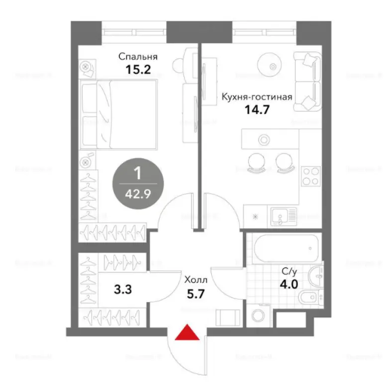 1-комн. квартира, 42.90 м2, 10 этаж - Жилой комплекс Voxhall (Воксхолл)