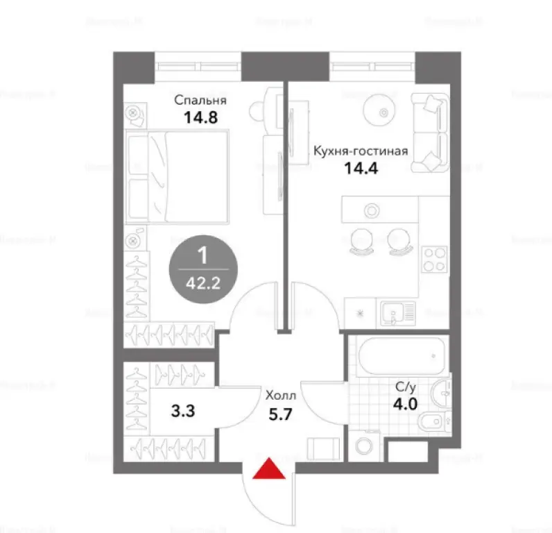 1-комн. квартира, 42.20 м2, 13 этаж - Жилой комплекс Voxhall (Воксхолл)