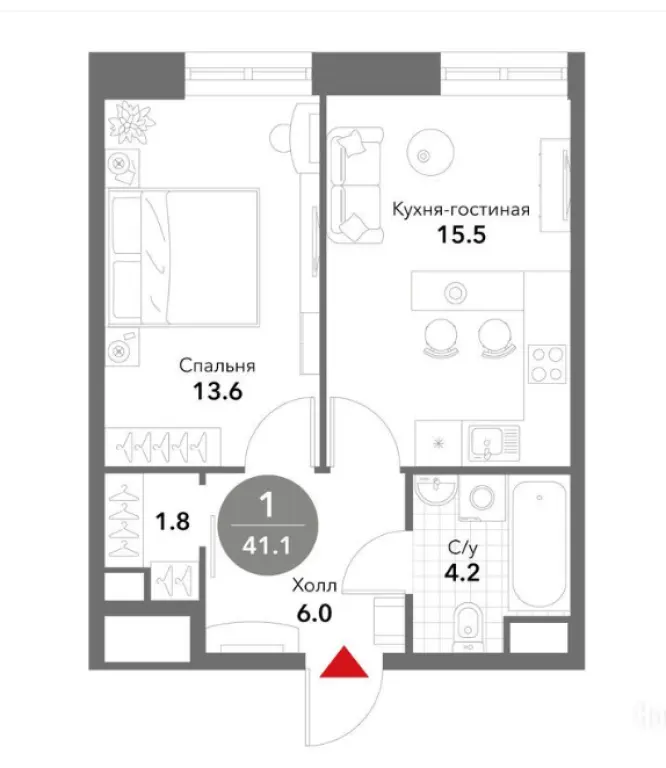 1-комн. квартира, 41.20 м2, 16 этаж - Жилой комплекс Voxhall (Воксхолл)